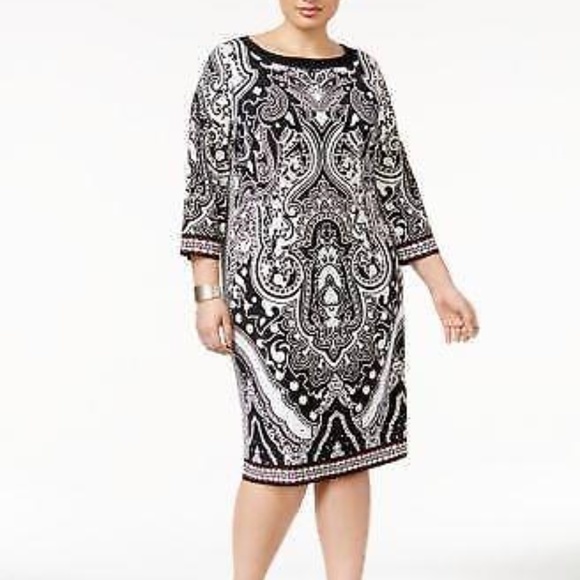 INC Black/White Paisly 3/4 Sleeve Dress size- 0X - Picture 1 of 7